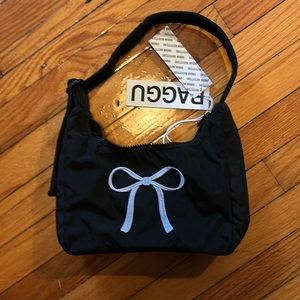 NWT Baggu Mini Nylon Shoulder Bag—Black with Blue Embroidered Bow